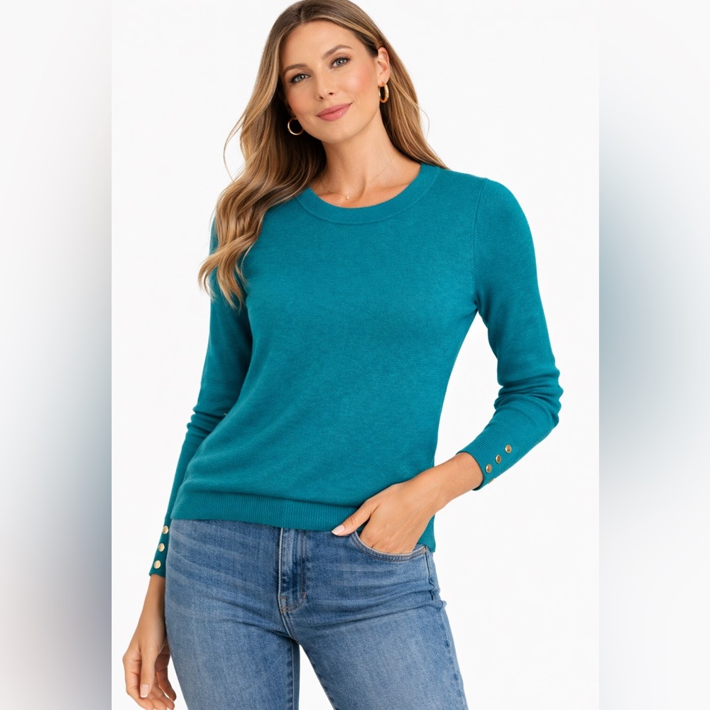 Zara Teal Crew Neck Sweater M | Gold Button Sleeve Detail